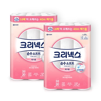 크리넥스 순수소프트 메가롤 40m x 30롤 x 2 크리넥스 순수소프트 메가롤 40m x 30롤 x 2
