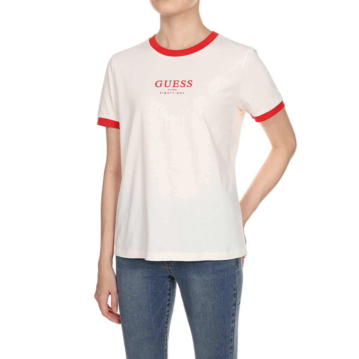 게스 여성 반소매 티셔츠 - 베이지(레드 포인트)