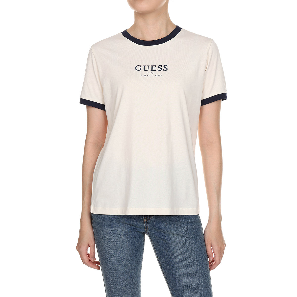 게스 여성 반소매 티셔츠 - 베이지(네이비 포인트)